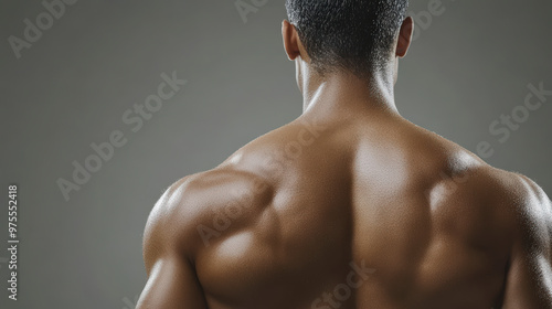 A muscular back of a person is shown, highlighting well-defined muscles and a toned physique, with a neutral background. photo