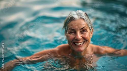 A woman is smiling and splashing water in a pool