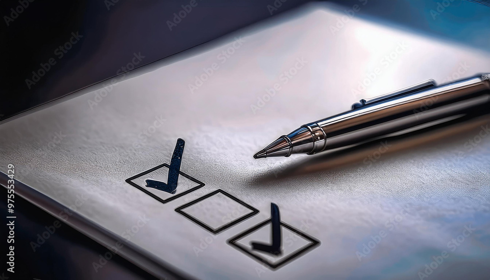 Pen Checkboxes Black Pen Marking Checkbox on Paper Closeup , Closeup of a black pen ...