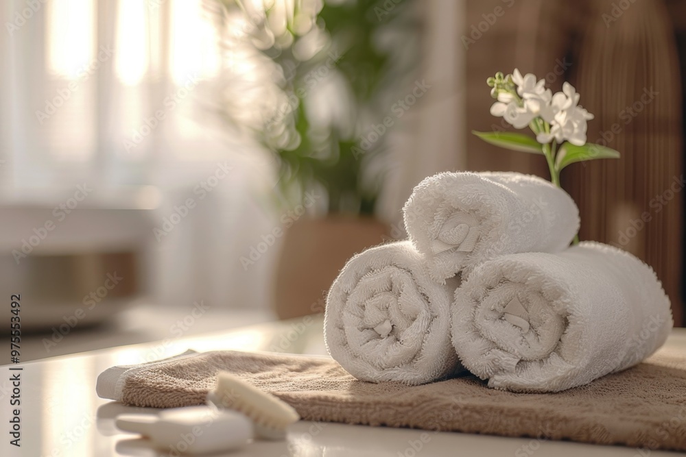 Clean soft rolled towels on white table banner, hotel, spa mockup with copy space, Clean soft rolled towels on white table banner, hotel, spa mockup with copy space,
