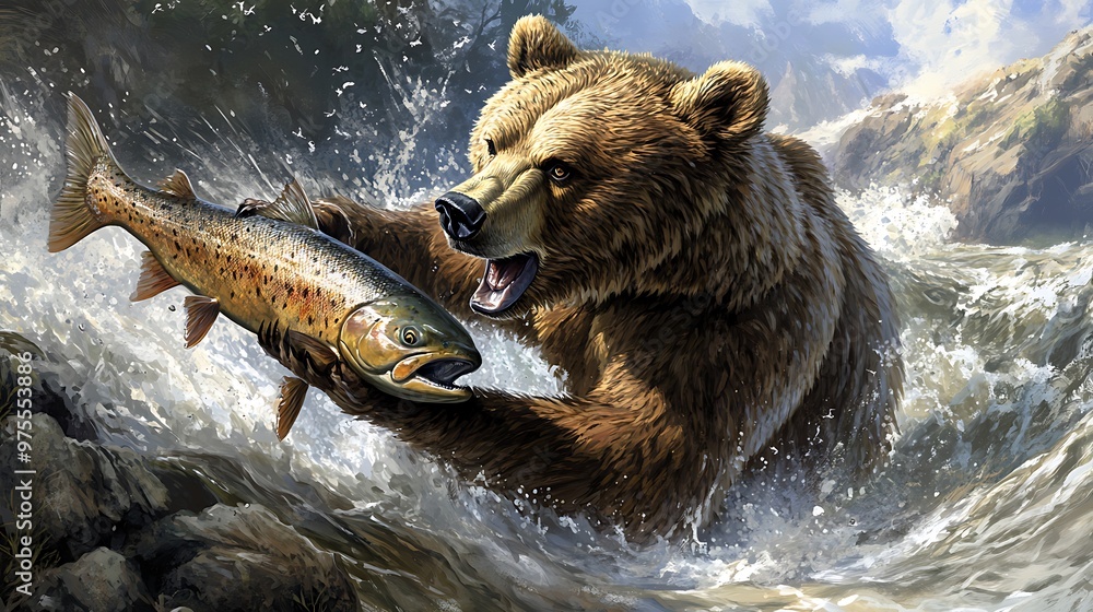 A powerful bear catching a fish in a fast-flowing river during the salmon run A powerful bear catching a fish in a fast-flowing river during the salmon run