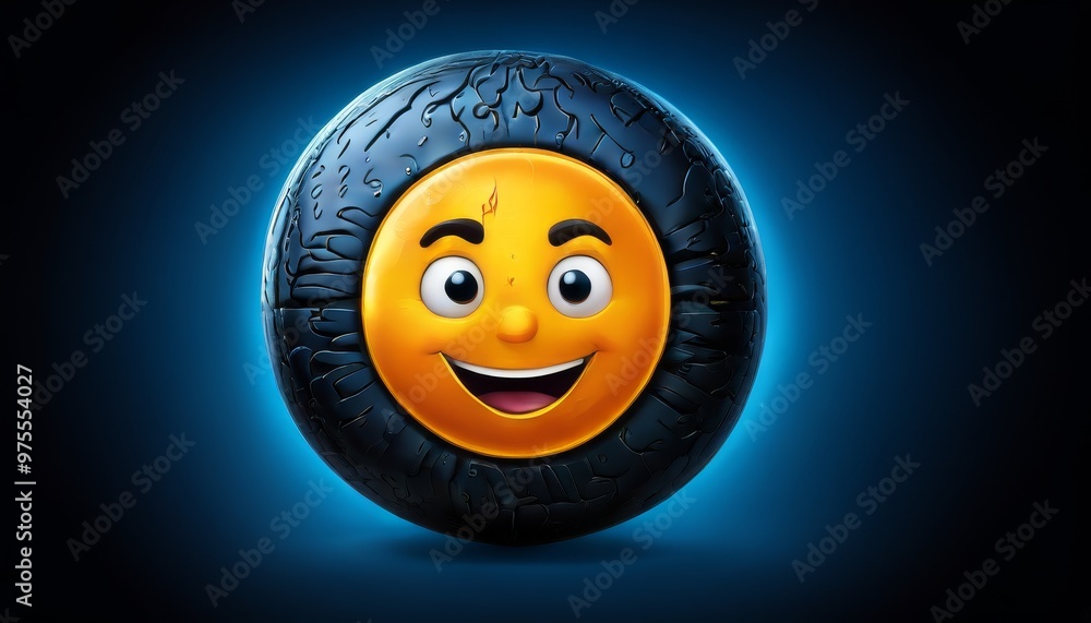 Cartoon illustration of a smiling emoji on a black and blue coin, set against a dark background. This vibrant and playful image is ideal for digital currency and modern tech-themed projects.. AI Cartoon illustration of a smiling emoji on a black and blue coin, set against a dark background. This vibrant and playful image is ideal for digital currency and modern tech-themed projects.. AI