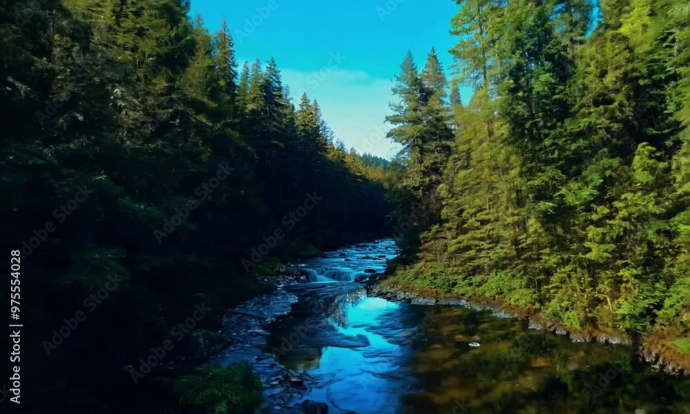 River Flow In the daytime, beautiful green forest trees in slow motion River Flow In the daytime, beautiful green forest trees in slow motion