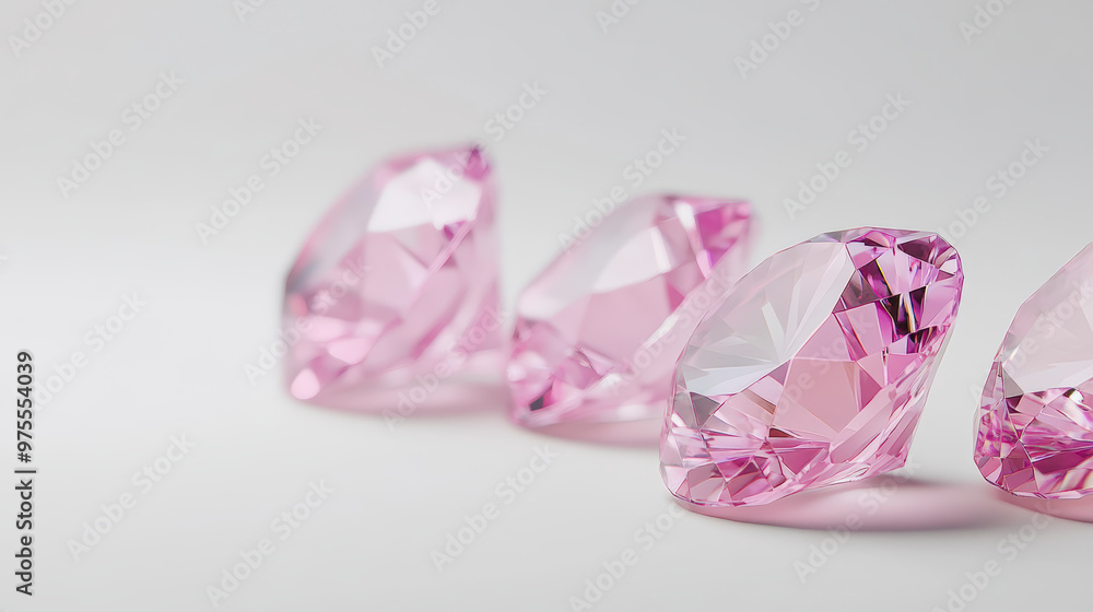 A row of sparkling pink diamonds glimmer against a soft white background, showcasing their exquisite cut and vibrant hue. A row of sparkling pink diamonds glimmer against a soft white background, showcasing their exquisite cut and vibrant hue.
