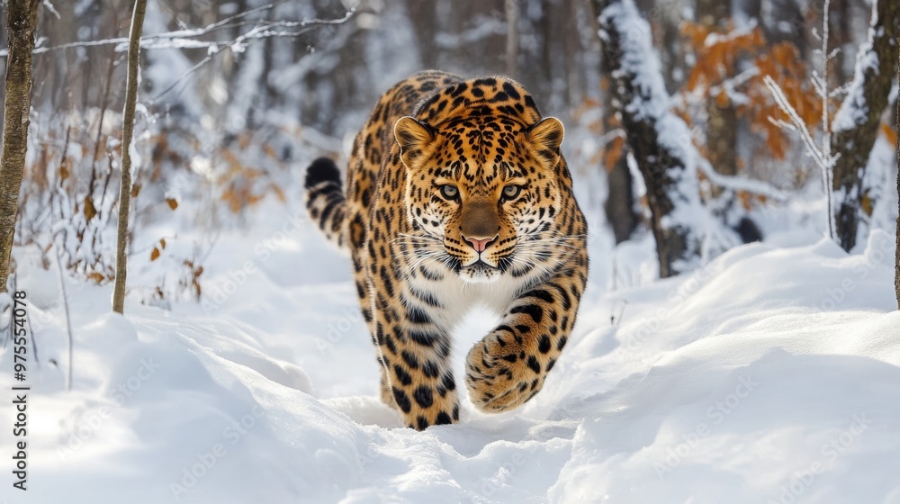 Majestic Amur Leopard Prowling in Snow-Covered Forest