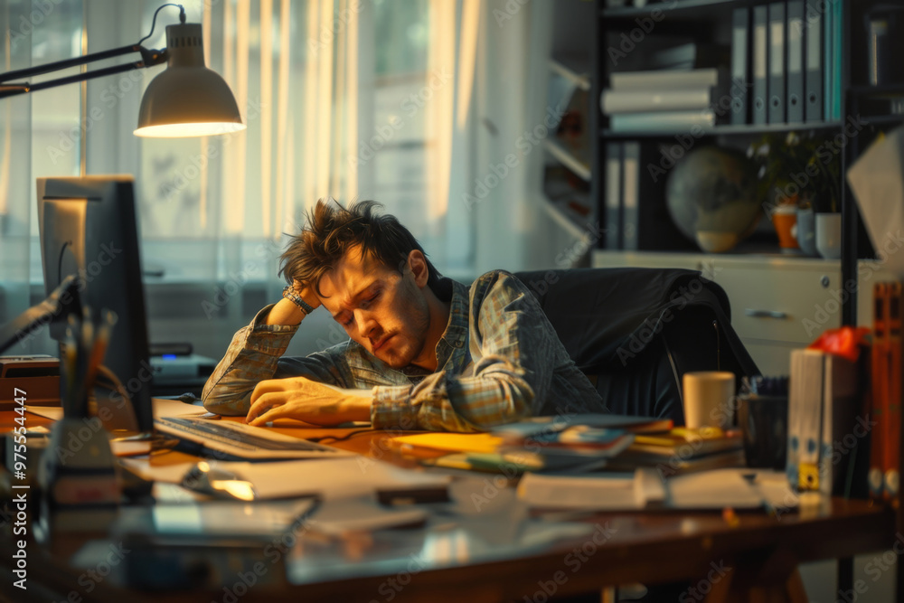 Sad office worker, tired manager, sad person, having bad day, overworked burnout, a lot of paperwork Sad office worker, tired manager, sad person, having bad day, overworked burnout, a lot of paperwork