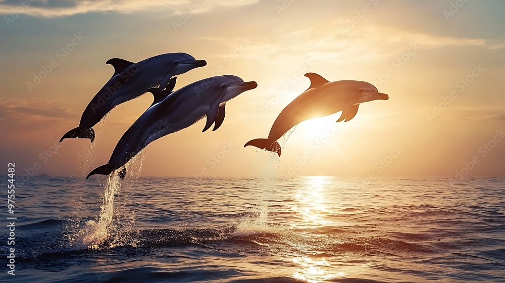 Naklejka premium A playful group of dolphins jumping out of the ocean against a backdrop of the setting sun 