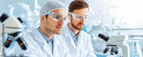 Chemical engineers in a cleanroom environment working on a nanotechnology project photo