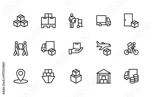 Cargo delivery vector linear icons set. Isolated icon collection such as delivery, cargo, box, pallet, truck and more.