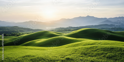 Rolling green hills stretch into the distance underneath a tranquil sunrise, with misty mountains framing the horizon, creating an idyllic and serene landscape.
