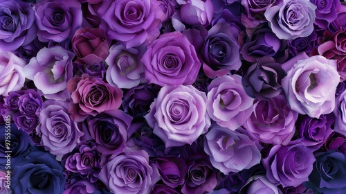 Fototapeta Naklejka Na Ścianę i Meble -  High angle view of purple roses in full bloom, scattered across the ground.