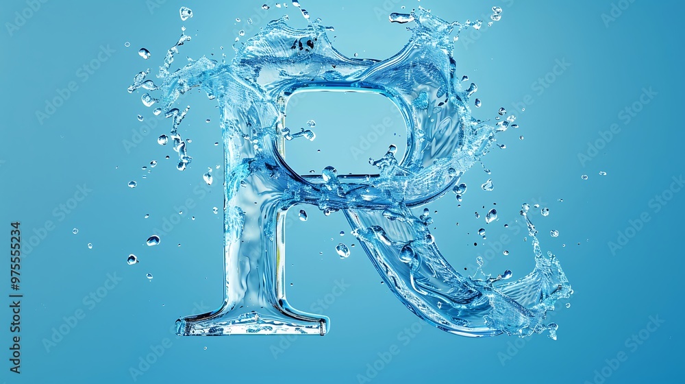 Uppercase letter R made by water on blue background Uppercase letter R made by water on blue background