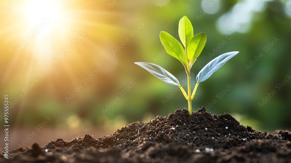 Young plant seedling sprouting in soil with sunlight, symbolizing new beginnings, growth, and the nurturing power of nature. Young plant seedling sprouting in soil with sunlight, symbolizing new beginnings, growth, and the nurturing power of nature.