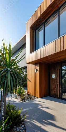 Designer Australian Home: Contemporary Cedar Cladding and Blue Accents at Dusk photo