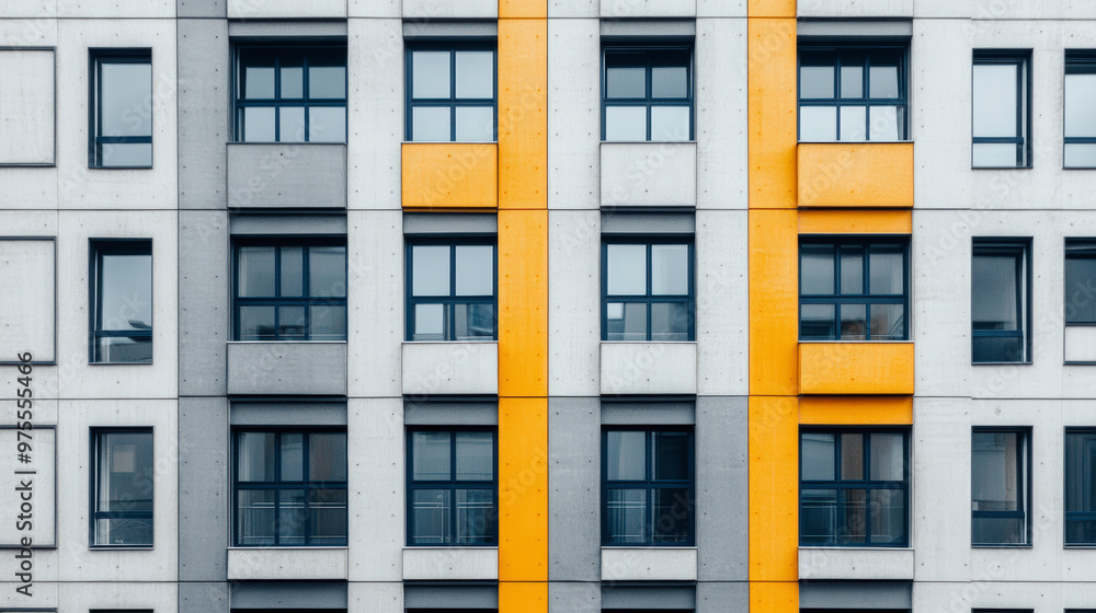 A modern building facade featuring symmetrical gray panels with contrasting bright yellow vertical accents and numerous windows, creating a sleek and contemporary architectural design. A modern building facade featuring symmetrical gray panels with contrasting bright yellow vertical accents and numerous windows, creating a sleek and contemporary architectural design.