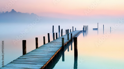 A serene, misty lake scene at dawn, featuring a wooden pier stretching into calm waters with gentle pastel hues in the sky.