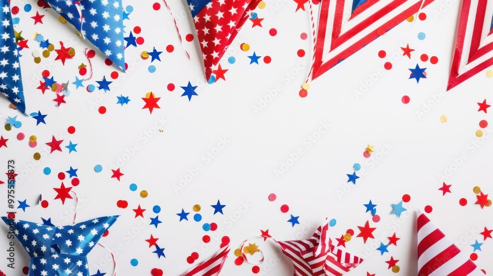 Background with American flag, grosgrain ribbon, decorated with colorful stars scattered on empty space. Independence Day, American Labor Day. Background with American flag, grosgrain ribbon, decorated with colorful stars scattered on empty space. Independence Day, American Labor Day.