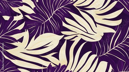 Fototapeta Naklejka Na Ścianę i Meble -  Tropical leaves with a dark purple and beige texture seamless pattern High quality illustration featuring silhouettes of natural materials arranged in a continuous design Outlined sketch surface p