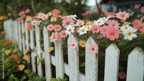 Colorful cosmos flowers blooming by white picket fence. Concept of cottage garden beauty