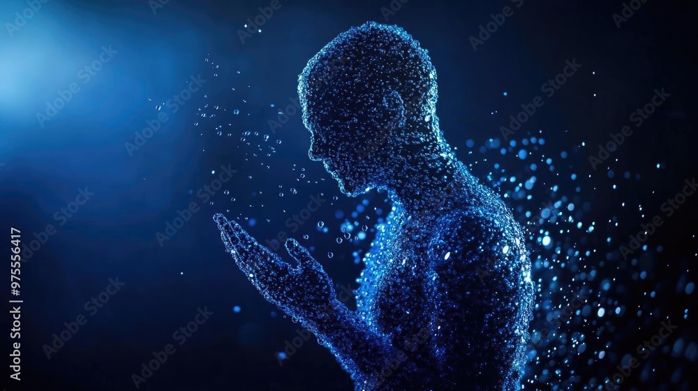 A captivating digital illustration of a human figure composed of glowing particles, evoking emotion and introspection in a dark background. A captivating digital illustration of a human figure composed of glowing particles, evoking emotion and introspection in a dark background.