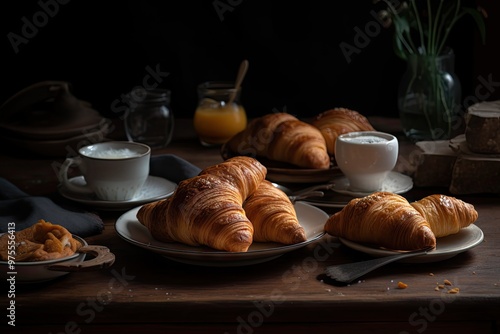 Served Breakfast Table, Morning Food with Croissant, Hot Drinks, Bread, Dessert photo