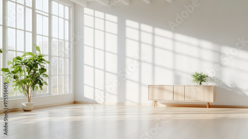 A sunlit, minimalist room with large windows, a potted plant, and a modern wooden cabinet with a small plant on top.