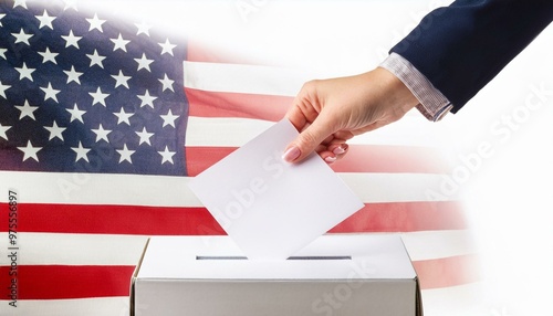 voting in us president election hand paper vote with ballot box on white isolated
 photo