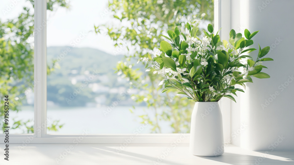 A serene vase of white flowers and green leaves sits by a window, overlooking a tranquil outdoor scene with lush greenery and water. A serene vase of white flowers and green leaves sits by a window, overlooking a tranquil outdoor scene with lush greenery and water.