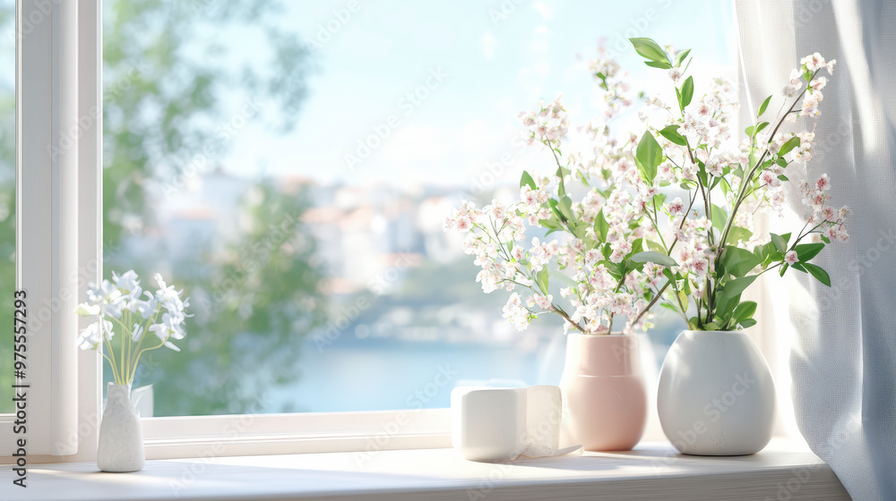 Sunlit window sill with vases of blooming white flowers, overlooking a serene, blurred view of a lake and distant buildings. Sunlit window sill with vases of blooming white flowers, overlooking a serene, blurred view of a lake and distant buildings.