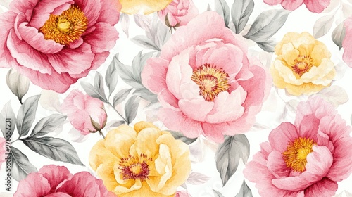Fototapeta Naklejka Na Ścianę i Meble -  Watercolor floral pattern featuring pink peonies yellow and pink flowers and leaves Ideal for packaging wallpaper fabric romantic designs and cosmetic and accessory store graphics