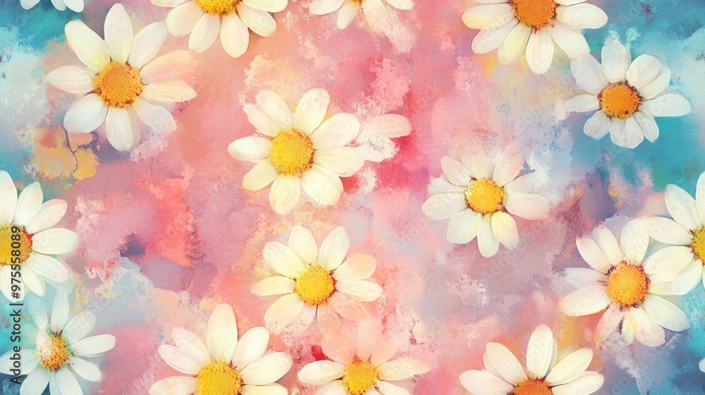 Abstract Pattern of Daisy Flowers Featuring Grunge Tie Dye Watercolor Texture Abstract Pattern of Daisy Flowers Featuring Grunge Tie Dye Watercolor Texture
