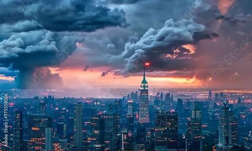 Lightning storm striking city skyline, Video photo