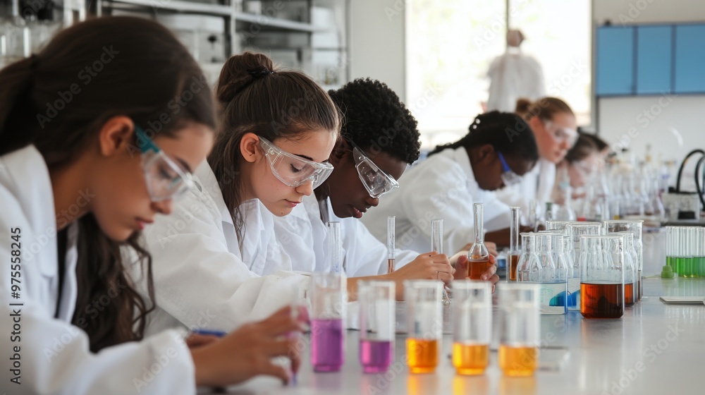 High school students in a chemistry lab, working on an experiment with colorful liquids in test tubes. High school students in a chemistry lab, working on an experiment with colorful liquids in test tubes.