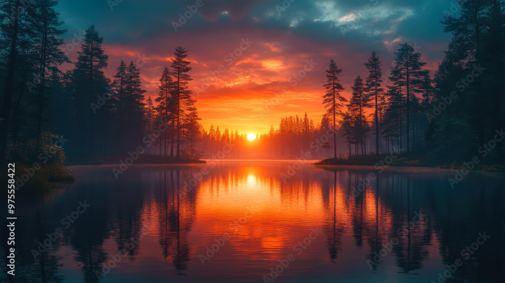 Sunset reflection over tranquil lake surrounded by evergreen trees in mountainous landscape at dusk Sunset reflection over tranquil lake surrounded by evergreen trees in mountainous landscape at dusk