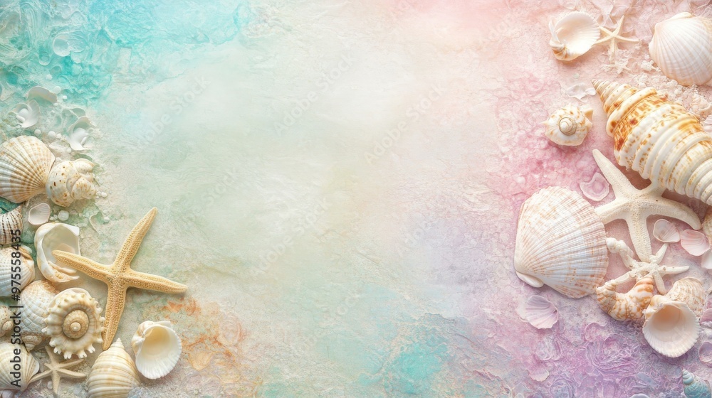Obraz premium A colorful background with shells and a starfish. The background is a mix of pink, blue, and green