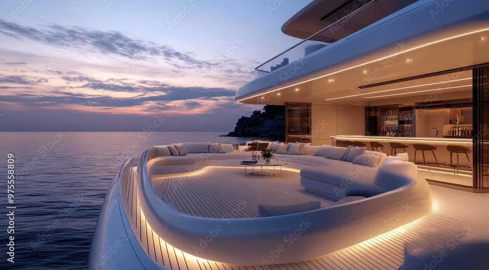 A large yacht with a white deck and a beautiful view of the ocean. The deck is lit up with lights, creating a warm and inviting atmosphere. The yacht is docked at a marina, and the water is calm A large yacht with a white deck and a beautiful view of the ocean. The deck is lit up with lights, creating a warm and inviting atmosphere. The yacht is docked at a marina, and the water is calm