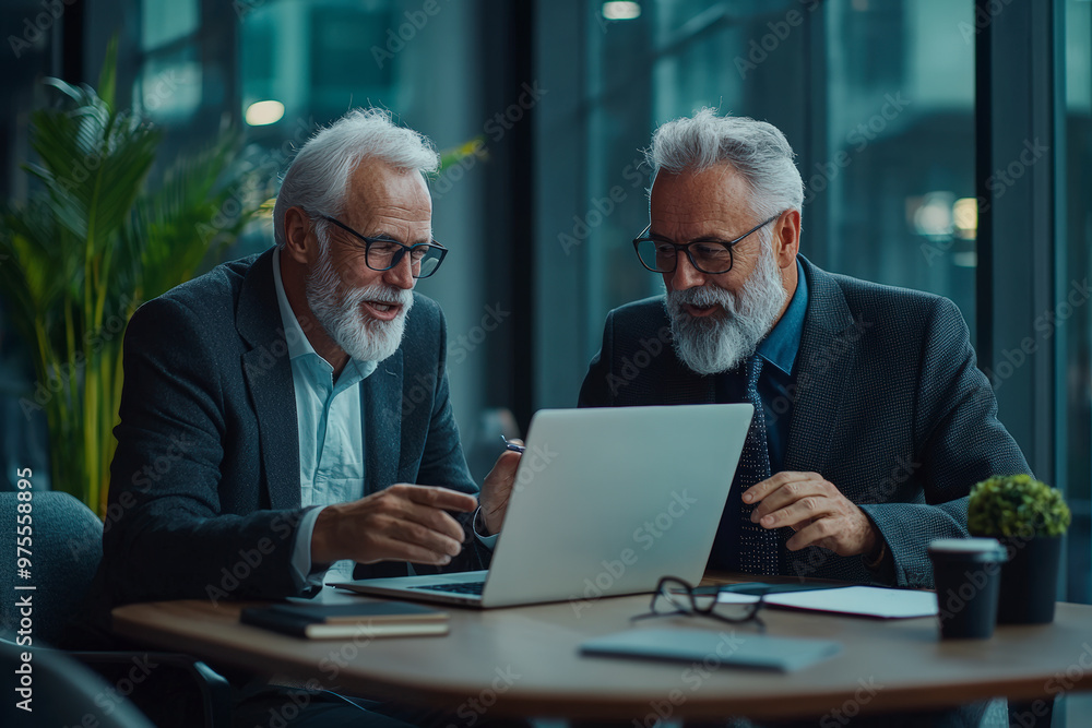Two elderly men in suits work together on a laptop in a modern office setting, discussing something intently. Two elderly men in suits work together on a laptop in a modern office setting, discussing something intently.