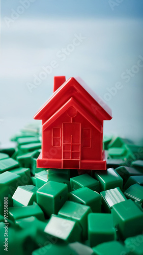 Close up image of red and green plastick monopoly hotel and houses