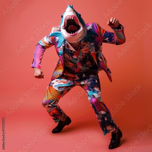 Freak in shark mask dancing, masquerade, absurd carnival, having fun in costume party, weird mask head photo