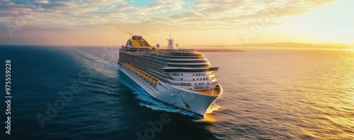 A large cruise ship is sailing on the ocean. The sun is setting in the background, creating a beautiful and serene atmosphere