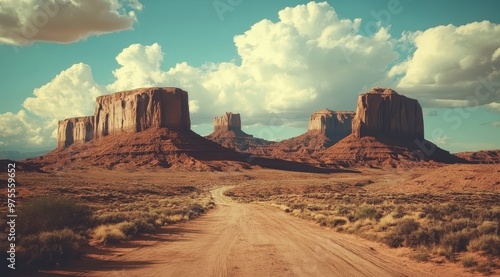 A road in the desert with a few large rock formations in the background. The sky is cloudy and the sun is shining photo