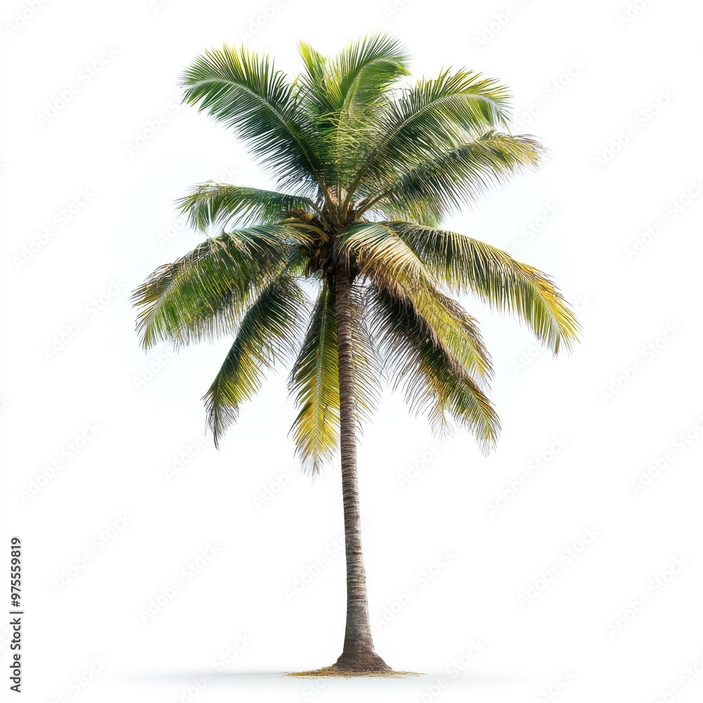 Obraz premium A palm tree stands tall and proud in front of a white background. The tree's leaves are green and spread out, giving it a sense of life and vitality