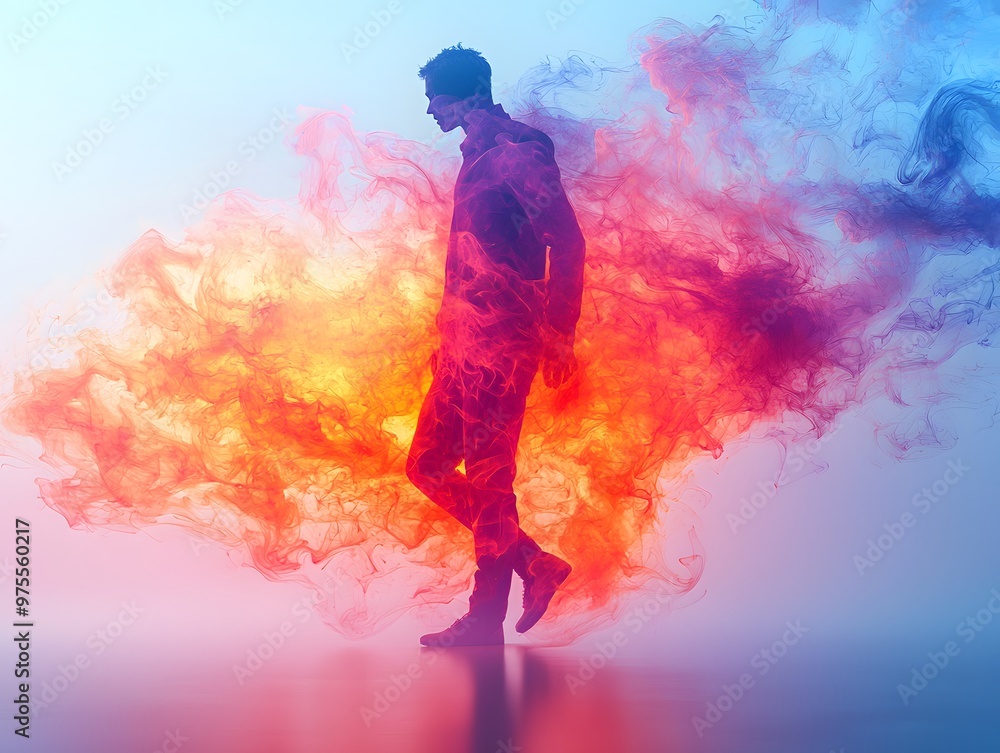 Obraz premium Dancing man enveloped in vivid, swirling smoke patterns, expertly rendered in a realistic 3D style. His movements are fluid and natural, creating a captivating visual effect against the isolated