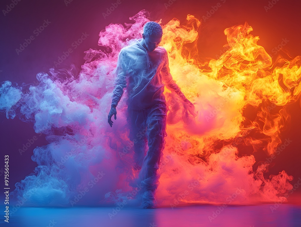 Male figure dancing energetically through clouds of vibrant, dynamic smoke patterns, rendered in a realistic 3D style. The isolated image highlights every aspect of his movement against a clean, Male figure dancing energetically through clouds of vibrant, dynamic smoke patterns, rendered in a realistic 3D style. The isolated image highlights every aspect of his movement against a clean,