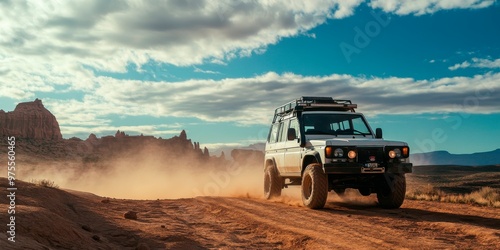 A white jeep is driving through a desert with a cloudy sky in the background. The jeep is covered in dust and he is in the middle of a desert road