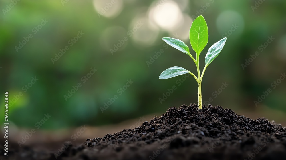 Young plant growing in rich soil, symbolizing new life and environmental sustainability. Fresh green leaves signify natural growth and renewal. Young plant growing in rich soil, symbolizing new life and environmental sustainability. Fresh green leaves signify natural growth and renewal.