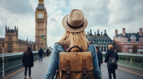 A woman wearing a straw hat and a brown backpack is walking across a bridge in London. She is looking at the camera photo