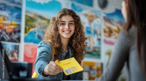 A woman is handing a yellow card to another woman. The card is yellow and has a logo on it. Passport in travel agency