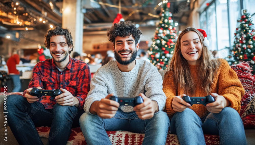 Fototapeta premium Group of friends having fun playing video games on christmas day