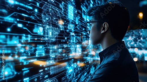 Wallpaper Mural Man in Front of a Digital Wall of Data Torontodigital.ca